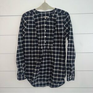 Loft Women’s Small Navy White Popover Blouse Plaid 1/2 Button Long Sleeve Top